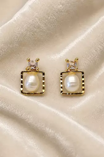 Freshwater baroque pearl stud earrings, gold-toned square frame with crystal zirconia, elegant jewellery