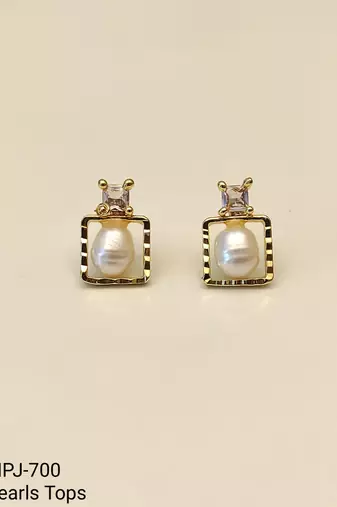 Freshwater baroque pearl stud earrings, gold-toned square frame with crystal zirconia, elegant jewellery
