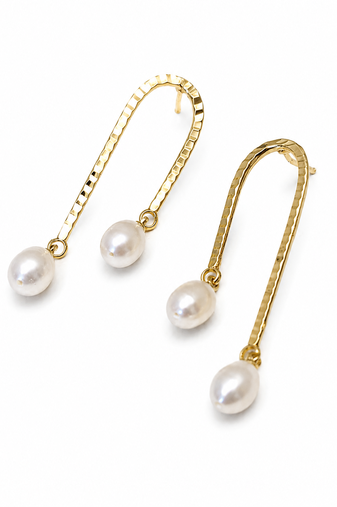 Gold-tone hammered arc drop earrings with freshwater pearl dangles, elegant stud style