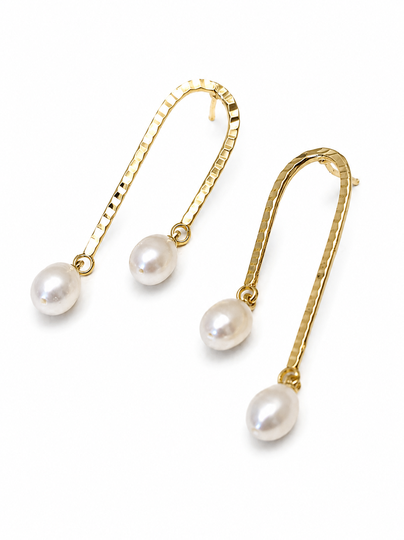 Gold-tone hammered arc drop earrings with freshwater pearl dangles, elegant stud style