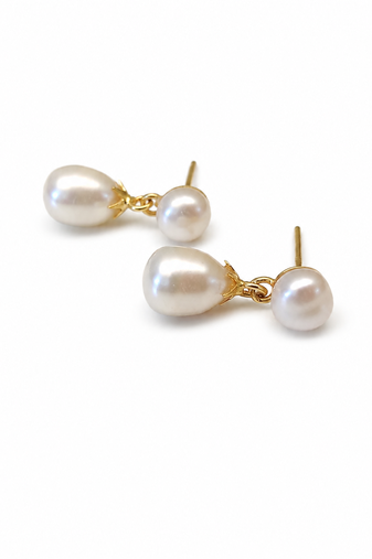 Double pearl drop earrings, white freshwater pearl stud with teardrop dangle, gold-tone setting