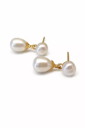 Double pearl drop earrings, white freshwater pearl stud with teardrop dangle, gold-tone setting