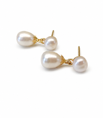 Double pearl drop earrings, white freshwater pearl stud with teardrop dangle, gold-tone setting