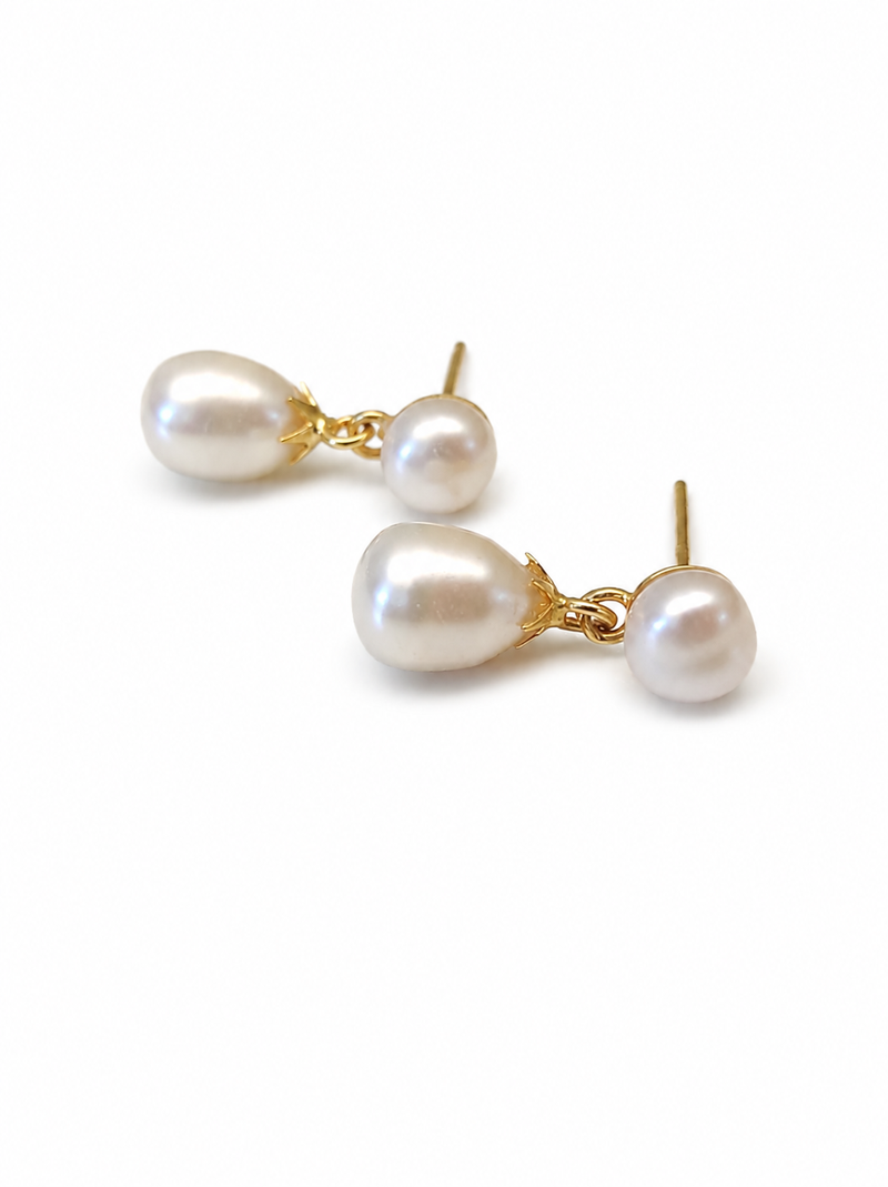 Double pearl drop earrings, white freshwater pearl stud with teardrop dangle, gold-tone setting