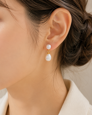 Double pearl drop earrings, white freshwater pearl stud with teardrop dangle, gold-tone setting 2
