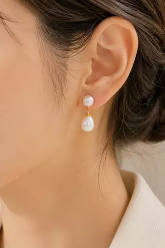 Double pearl drop earrings, white freshwater pearl stud with teardrop dangle, gold-tone setting