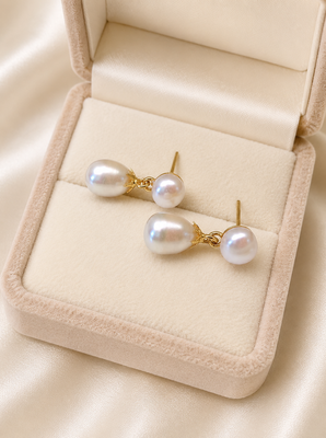 Double pearl drop earrings, white freshwater pearl stud with teardrop dangle, gold-tone setting 3