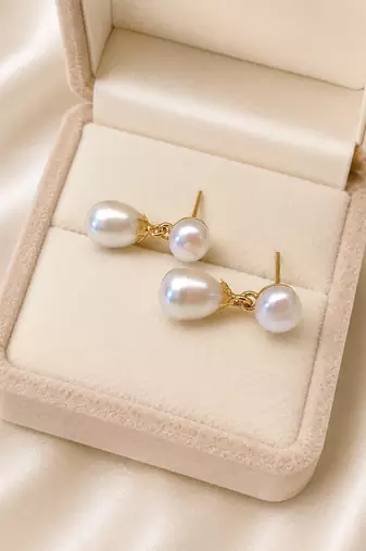 Double pearl drop earrings, white freshwater pearl stud with teardrop dangle, gold-tone setting
