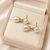 Double pearl drop earrings, white freshwater pearl stud with teardrop dangle, gold-tone setting