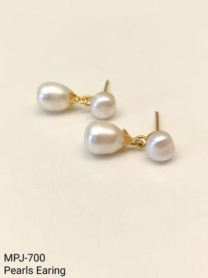 Double pearl drop earrings, white freshwater pearl stud with teardrop dangle, gold-tone setting 4