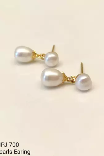Double pearl drop earrings, white freshwater pearl stud with teardrop dangle, gold-tone setting
