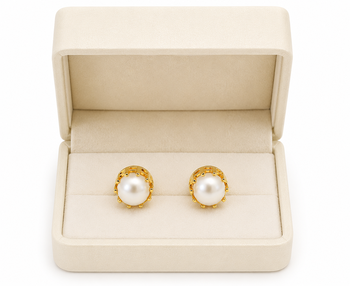 Pearl stud earrings, white freshwater pearl, gold-tone crown setting, classic elegant style. 3