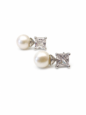 Pearl and square cubic zirconia stud earrings, silver tone, elegant bridal style 1