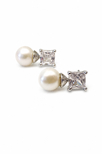 Pearl and square cubic zirconia stud earrings, silver tone, elegant bridal style