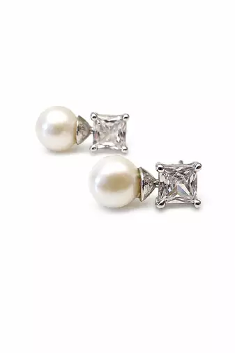 Pearl and square cubic zirconia stud earrings, silver tone, elegant bridal style