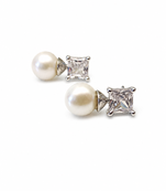 Pearl and square cubic zirconia stud earrings, silver tone, elegant bridal style