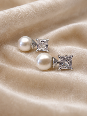 Pearl and square cubic zirconia stud earrings, silver tone, elegant bridal style 2