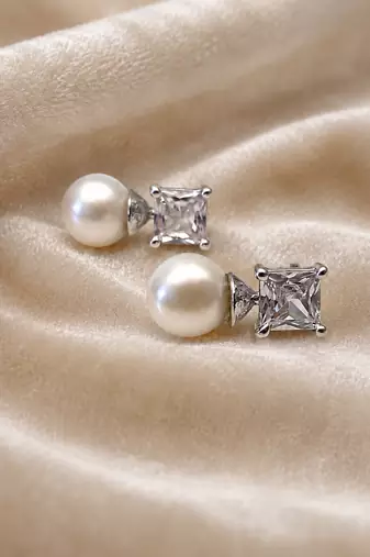 Pearl and square cubic zirconia stud earrings, silver tone, elegant bridal style