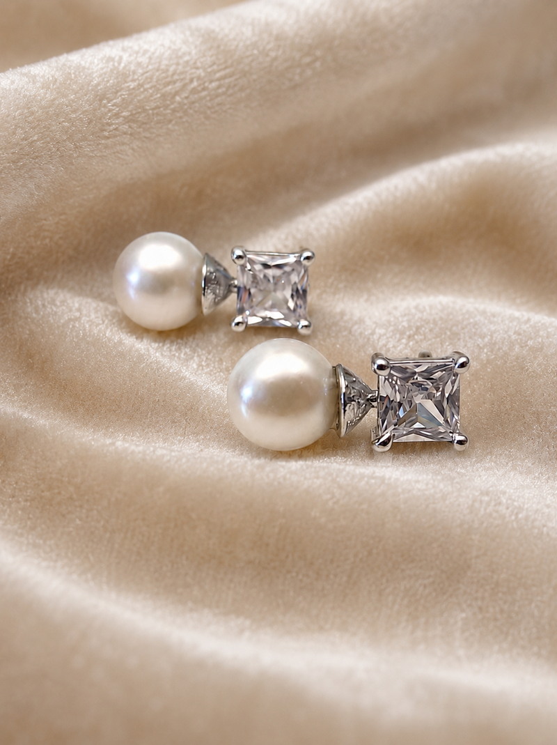 Pearl and square cubic zirconia stud earrings, silver tone, elegant bridal style