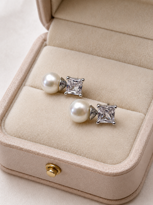 Pearl and square cubic zirconia stud earrings, silver tone, elegant bridal style 3