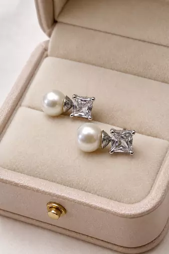 Pearl and square cubic zirconia stud earrings, silver tone, elegant bridal style