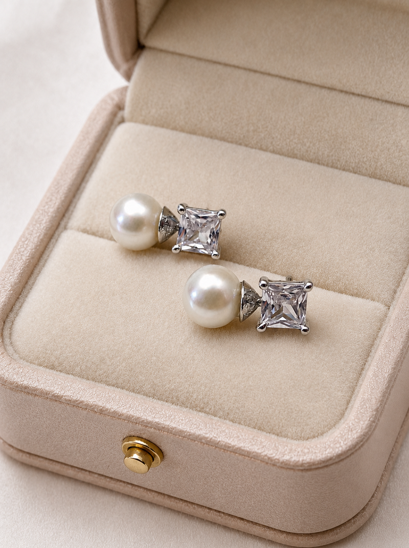 Pearl and square cubic zirconia stud earrings, silver tone, elegant bridal style