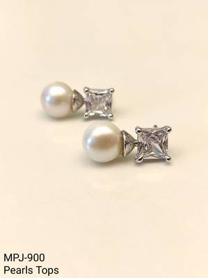 Pearl and square cubic zirconia stud earrings, silver tone, elegant bridal style 4