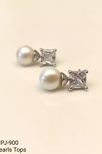 Pearl and square cubic zirconia stud earrings, silver tone, elegant bridal style