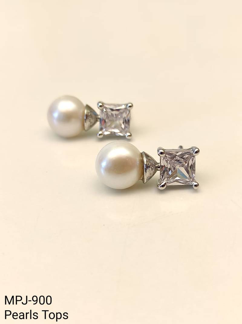 Pearl and square cubic zirconia stud earrings, silver tone, elegant bridal style