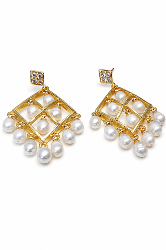 Gold-toned pearl drop earrings, diamond grid design with cz stud, dangling pearl chandelier style