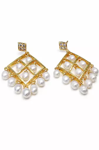 Gold-toned pearl drop earrings, diamond grid design with cz stud, dangling pearl chandelier style