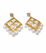Gold-toned pearl drop earrings, diamond grid design with cz stud, dangling pearl chandelier style
