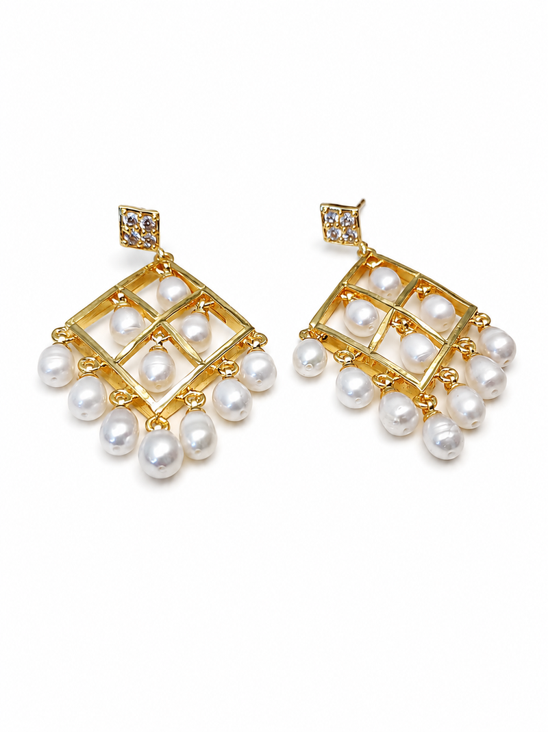 Gold-toned pearl drop earrings, diamond grid design with cz stud, dangling pearl chandelier style