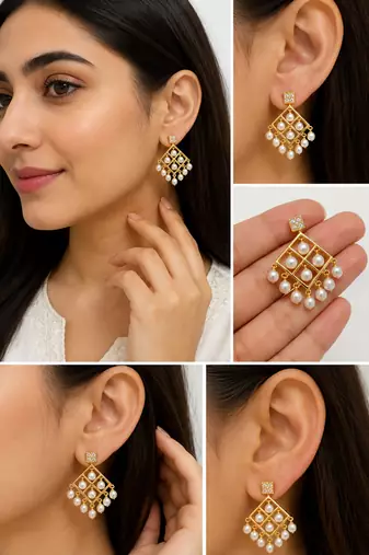 Gold-toned pearl drop earrings, diamond grid design with cz stud, dangling pearl chandelier style