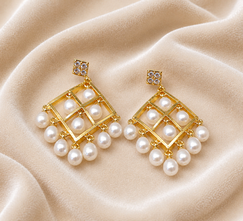 Gold-toned pearl drop earrings, diamond grid design with cz stud, dangling pearl chandelier style 3