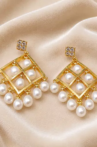 Gold-toned pearl drop earrings, diamond grid design with cz stud, dangling pearl chandelier style