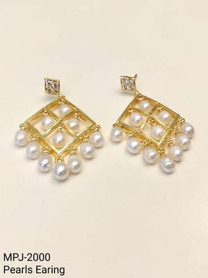 Gold-toned pearl drop earrings, diamond grid design with cz stud, dangling pearl chandelier style 4