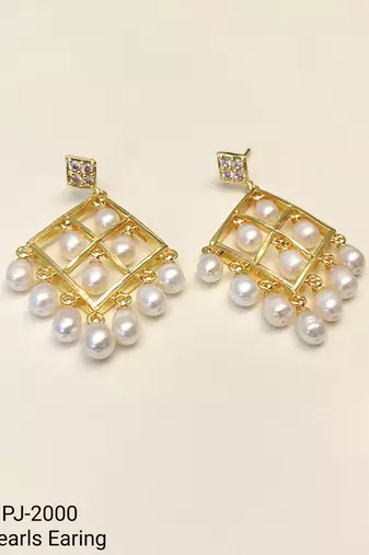 Gold-toned pearl drop earrings, diamond grid design with cz stud, dangling pearl chandelier style
