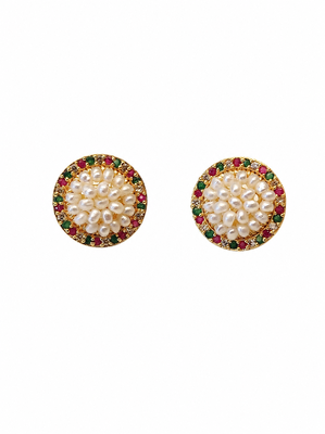Round pearl cluster stud earrings with ruby, emerald and diamond accents, gold-toned, traditional indian style 1