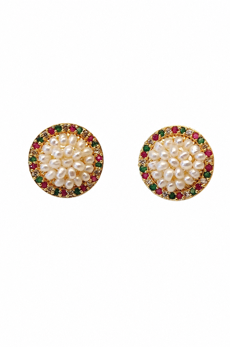 Round pearl cluster stud earrings with ruby, emerald and diamond accents, gold-toned, traditional indian style