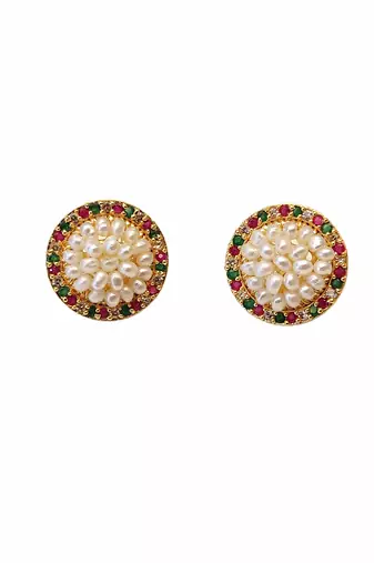 Round pearl cluster stud earrings with ruby, emerald and diamond accents, gold-toned, traditional indian style