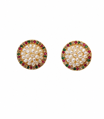 Round pearl cluster stud earrings with ruby, emerald and diamond accents, gold-toned, traditional indian style