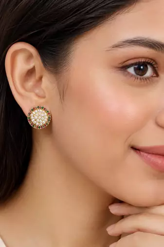 Round pearl cluster stud earrings with ruby, emerald and diamond accents, gold-toned, traditional indian style