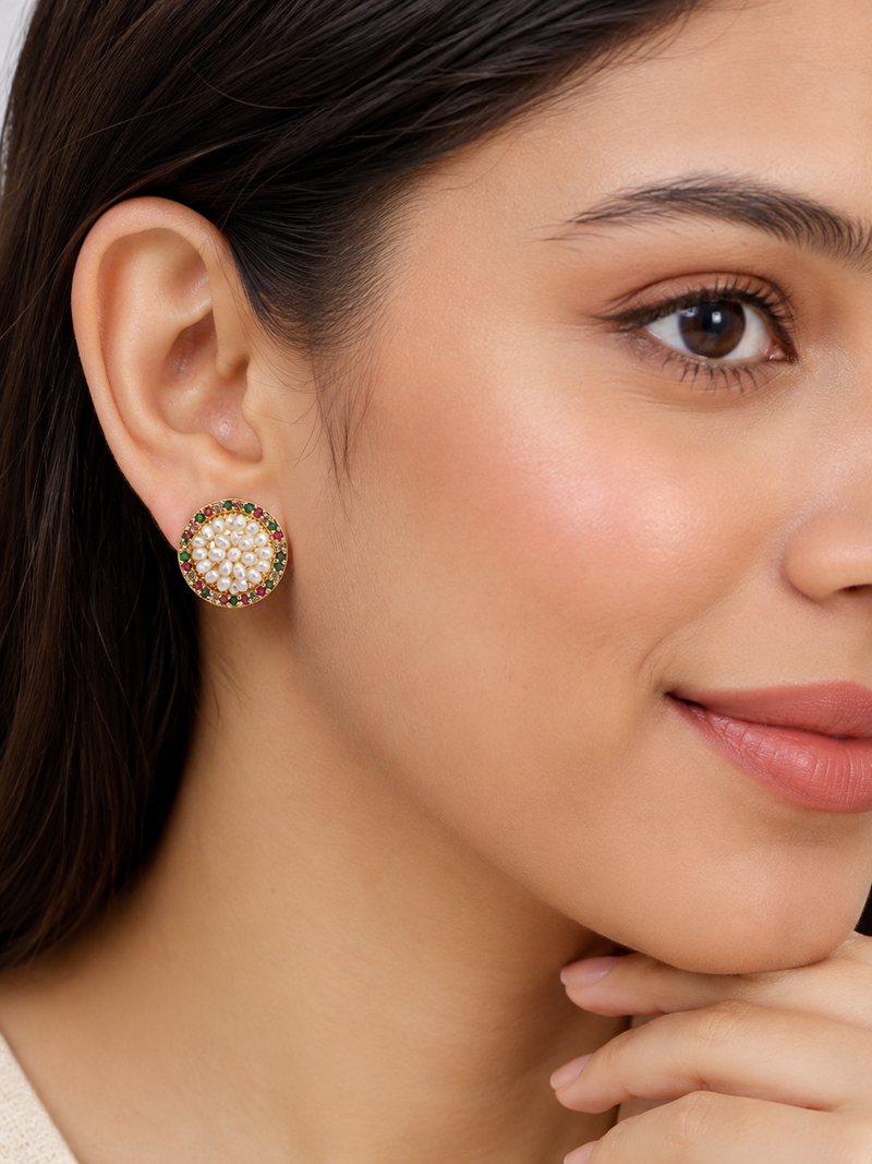 Round pearl cluster stud earrings with ruby, emerald and diamond accents, gold-toned, traditional indian style