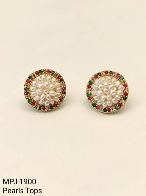 Round pearl cluster stud earrings with ruby, emerald and diamond accents, gold-toned, traditional indian style 3