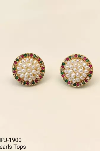 Round pearl cluster stud earrings with ruby, emerald and diamond accents, gold-toned, traditional indian style