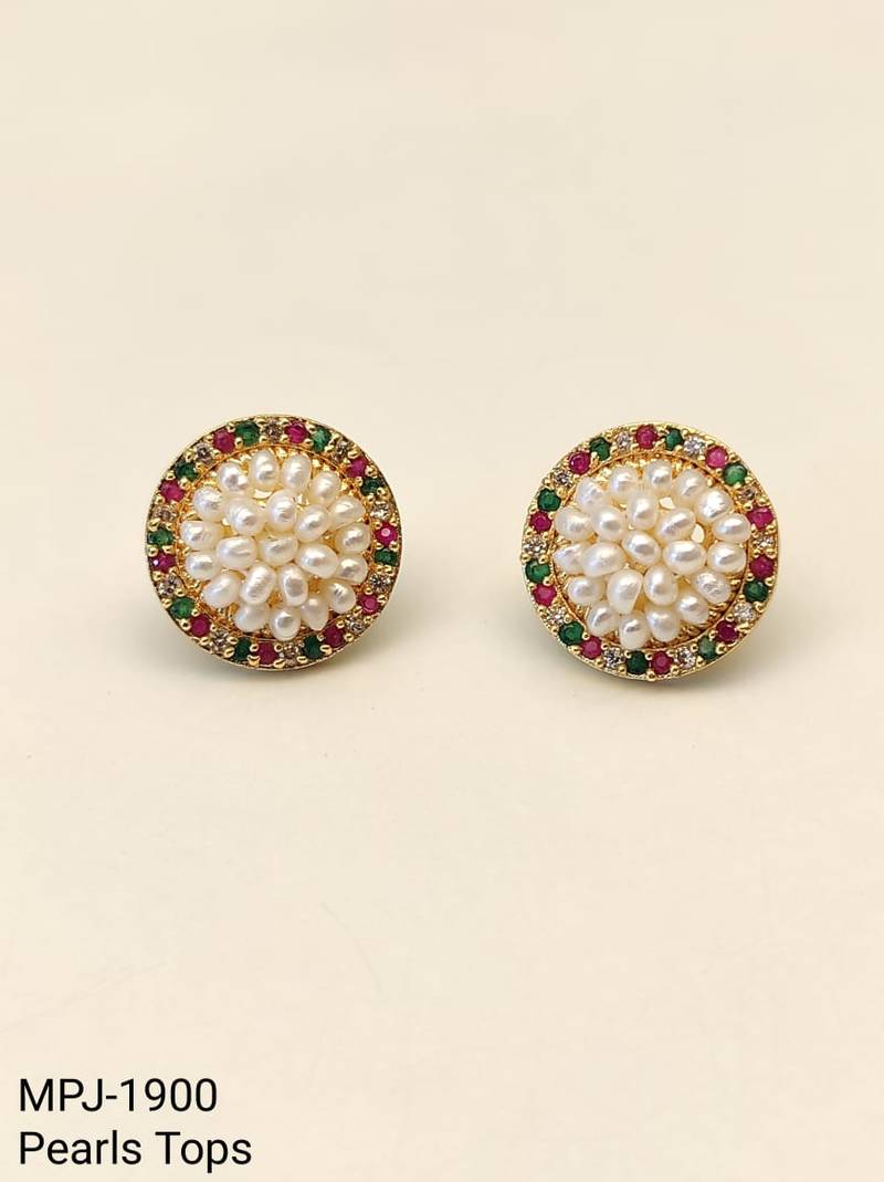 Round pearl cluster stud earrings with ruby, emerald and diamond accents, gold-toned, traditional indian style