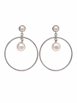 Pearl stud hoop drop earrings, silver tone alloy with imitation pearls, post & push back, 4.2 cm 1
