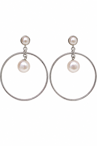 Pearl stud hoop drop earrings, silver tone alloy with imitation pearls, post & push back, 4.2 cm