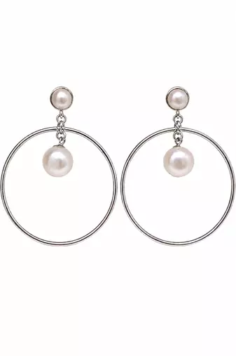 Pearl stud hoop drop earrings, silver tone alloy with imitation pearls, post & push back, 4.2 cm